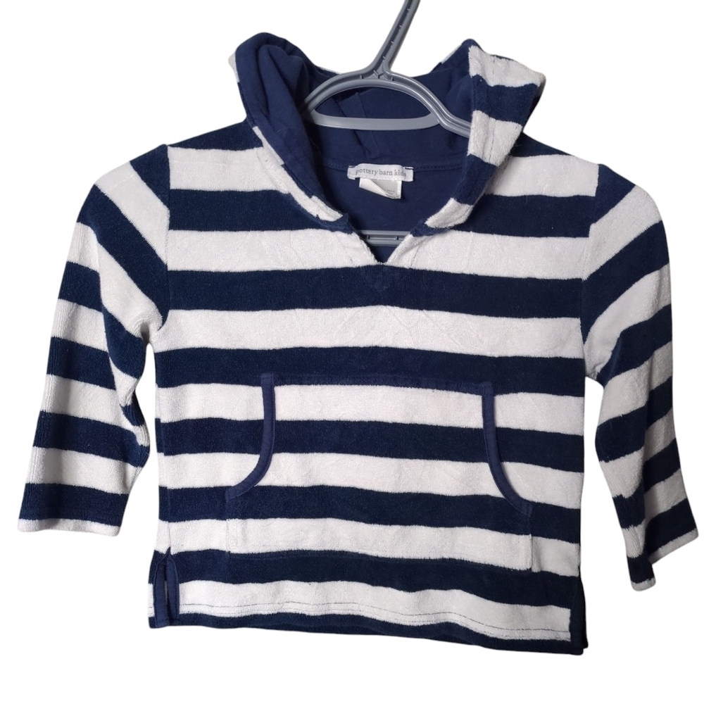 Pottery Barn Navy White Striped Terry Swim Suit Coverup‎ Hooded Shirt 2-3 Years